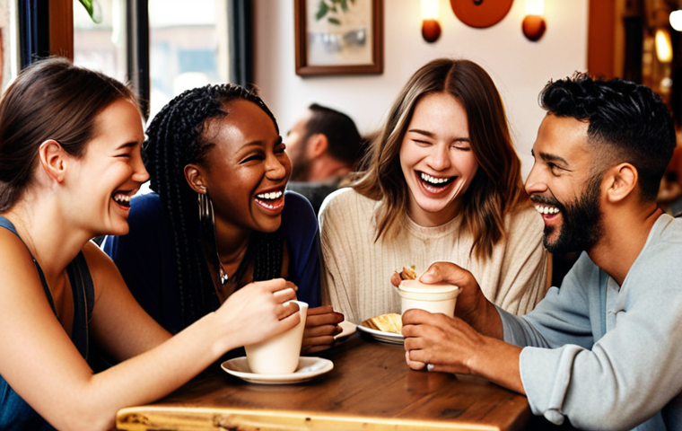 **
Prompt: A diverse group of friends laughing and talking animatedly around a table in a cozy cafe. The focus is on genuine smiles and engaged body language, showcasing authentic connection and shared joy. Soft, warm lighting. In the style of a candid, realistic photograph.
**